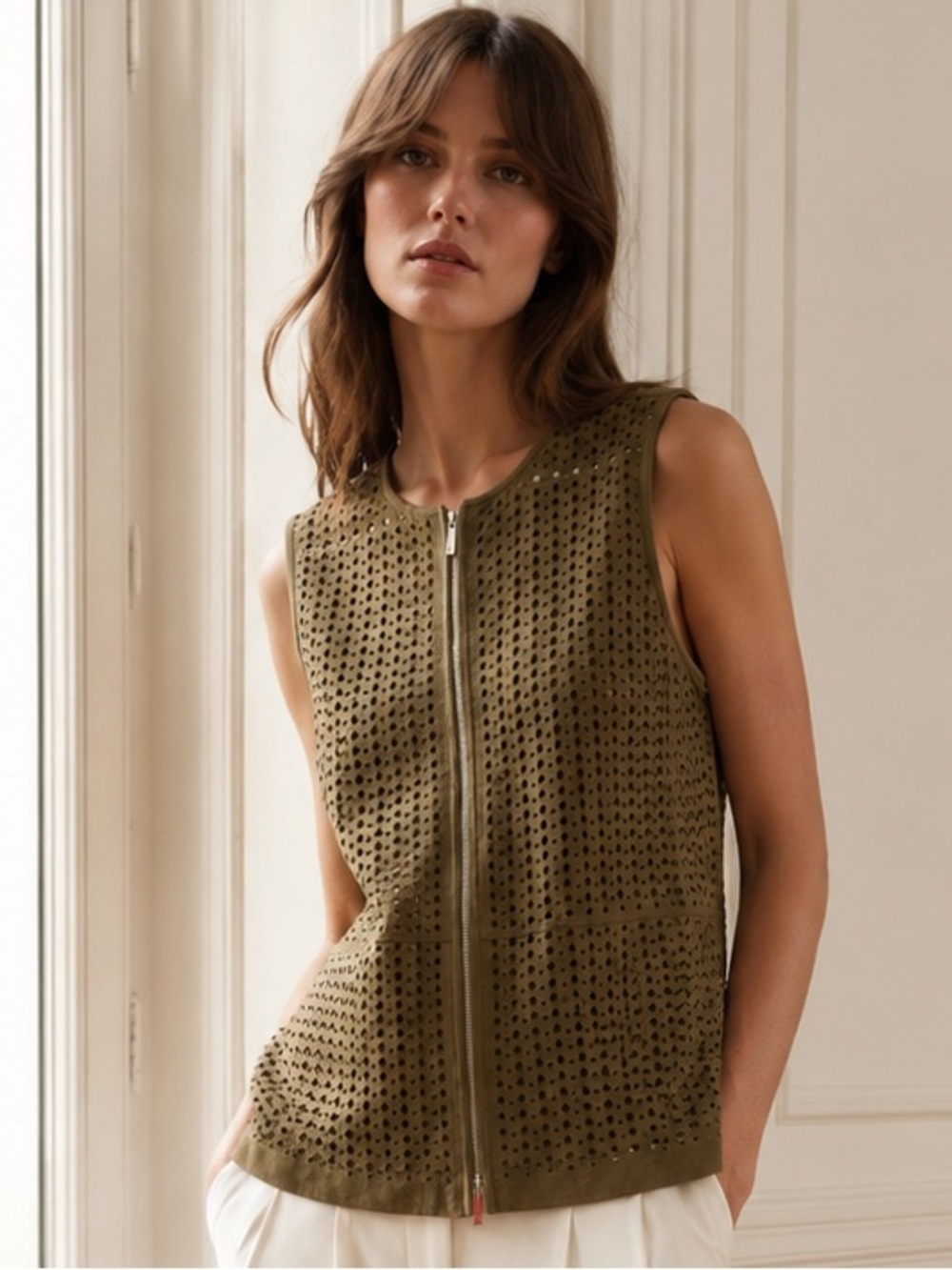 Lafayette 148 New York Vest Small Green Suede Perforated Full Zip